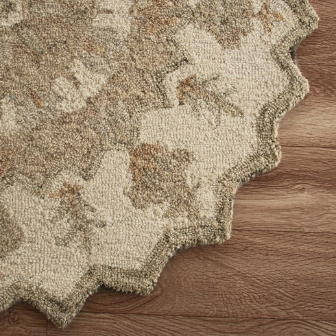 2' X 4' Tan and Beige Wool Medallion Hand Woven Half Circle Area Rug